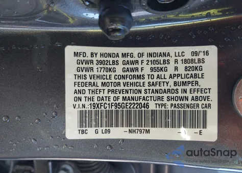 2016 Honda Civic Touring z USA, uszkodzony, nr VIN 19XFC1F95GE222046